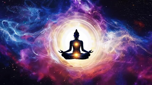 Buddha Silhouette with Energy Ring and Galaxy