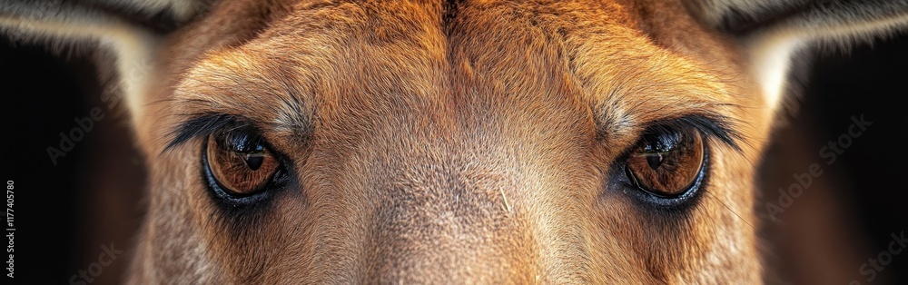 Poster close-up view reveals the intricate details of a kangaroo's face and expressive eyes in a natural se