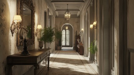 Antique hallway adorned with distressed wall mirrors and elegant lighting fixtures