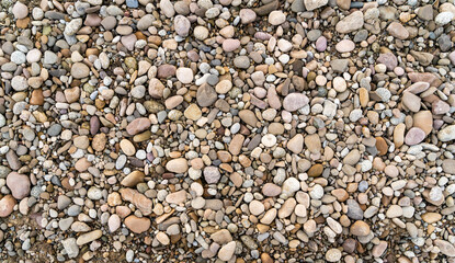 Natural substrate of pebbles on a rocky river beach - background.