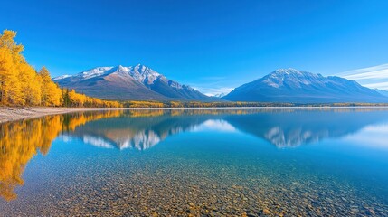 Tranquil Lake Reflection with Majestic Mountains and Vibrant Autumn Foliage Under Clear Blue Sky in a Serene Natural Landscape