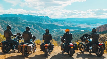 Obraz premium Bikers enjoying breathtaking mountain views during a scenic stop on their adventure ride