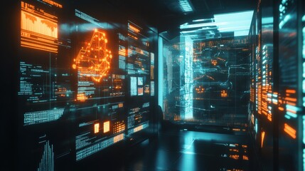 Futuristic server room showcasing glowing data displays and advanced technology
