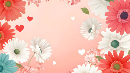 Bright floral background with colorful flowers and hearts, perfect for romantic themes. Ideal for invitations, cards, or digital designs