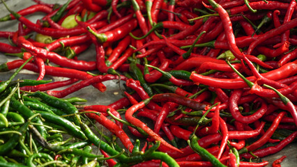 Fototapeta premium Pile of various chilies sold in Indonesian traditional wet market. 
