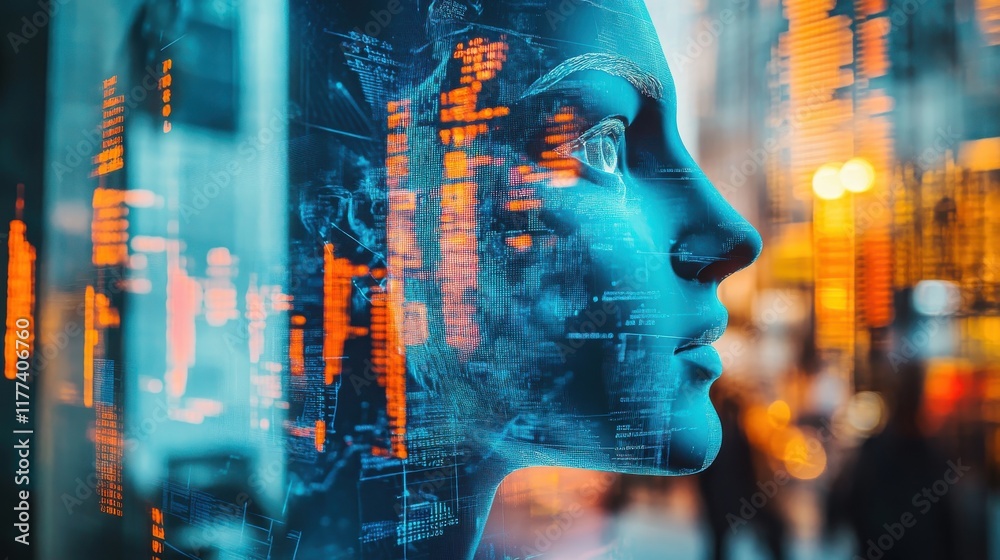 Aufkleber creative double exposure of a digital face with urban data elements blending into a city background