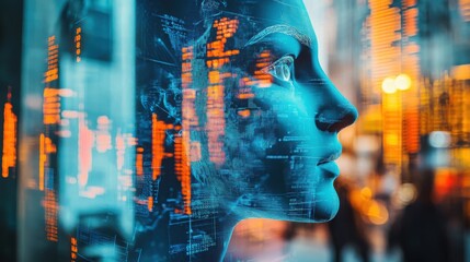 Creative double exposure of a digital face with urban data elements blending into a city background