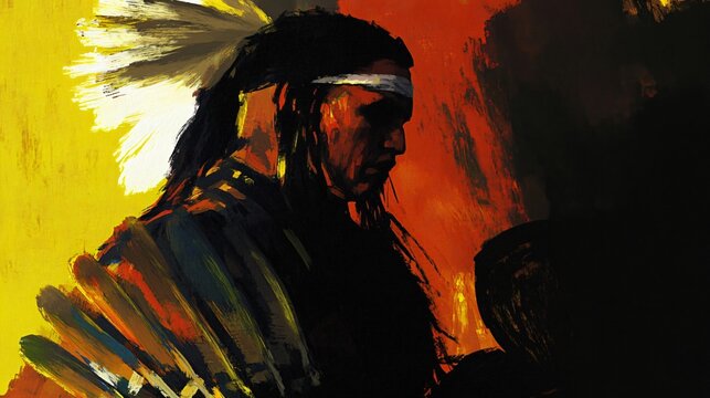 A portrait of a Native American Chief, highlighted with vibrant colors and bold brushstrokes.