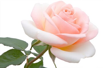 Beautiful Soft Pink Rose Blooming Against a White Background in Natural Light