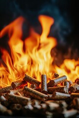 Burning fire pellets. Selective focus