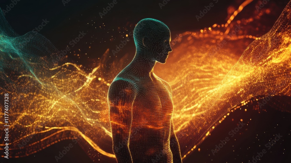 Leinwandbilder conceptual representation of a glowing man surrounded by vibrant light patterns in a dark environmen