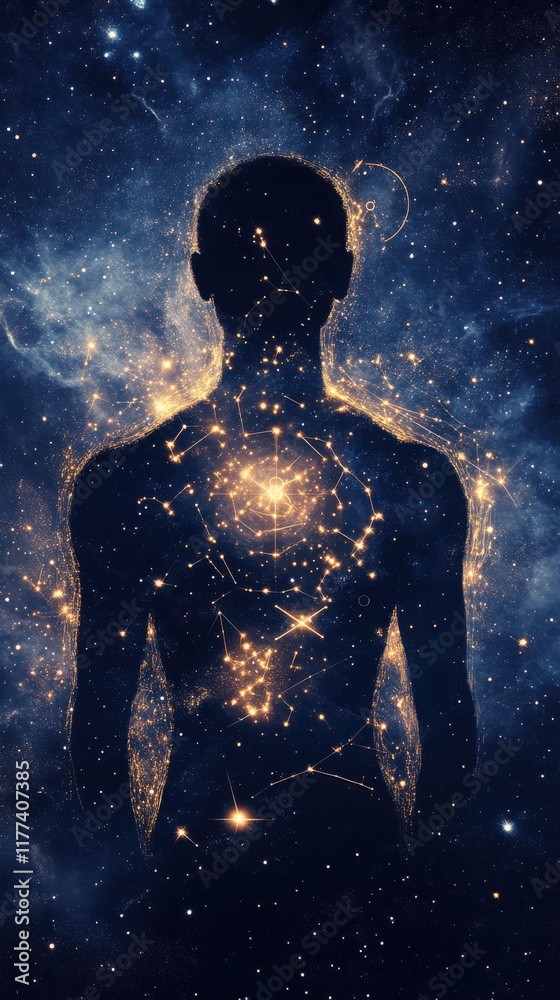 Aufkleber conceptual representation of a man emitting light and surrounded by a cosmic background