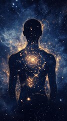 Naklejka premium Conceptual representation of a man emitting light and surrounded by a cosmic background
