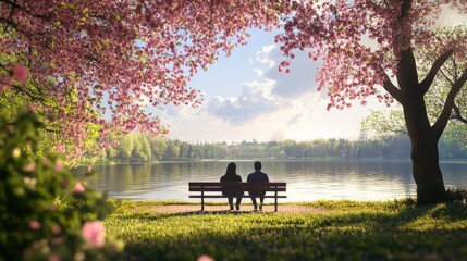 Couples counseling session takes place on a park bench under blossoming trees near a serene lake