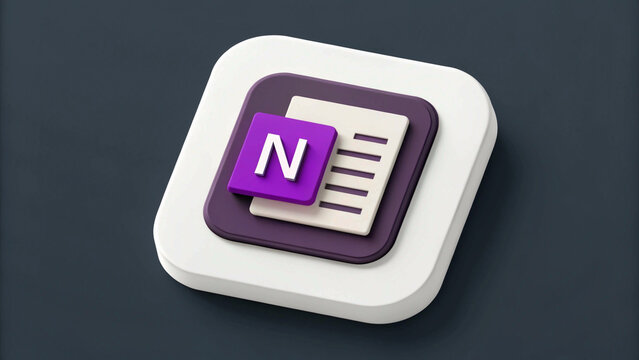Sleek 3D OneNote Logo in White Square, Set Against a Dark Gray Background"
