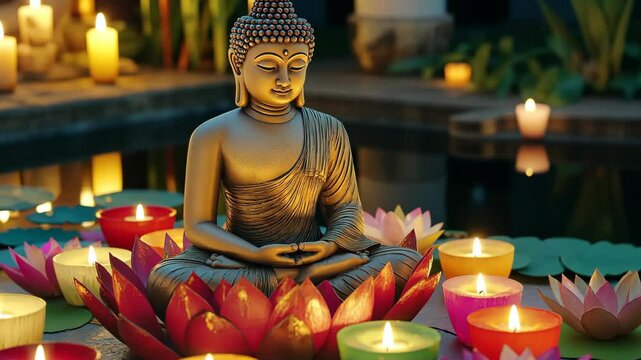 Buddha on Lotus Surrounded by Candles