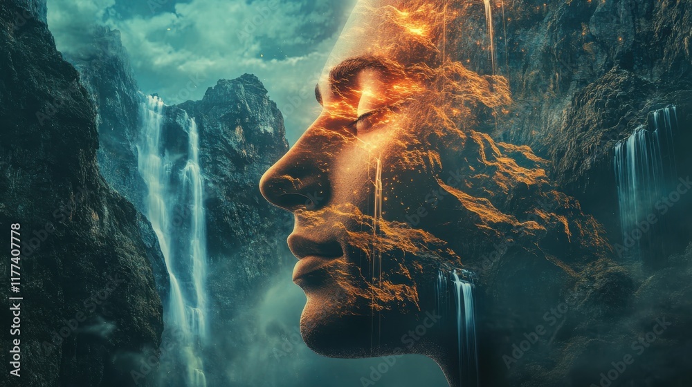 Poster conceptual depiction of a glowing man's face merging with natural elements in a mountainous landscap