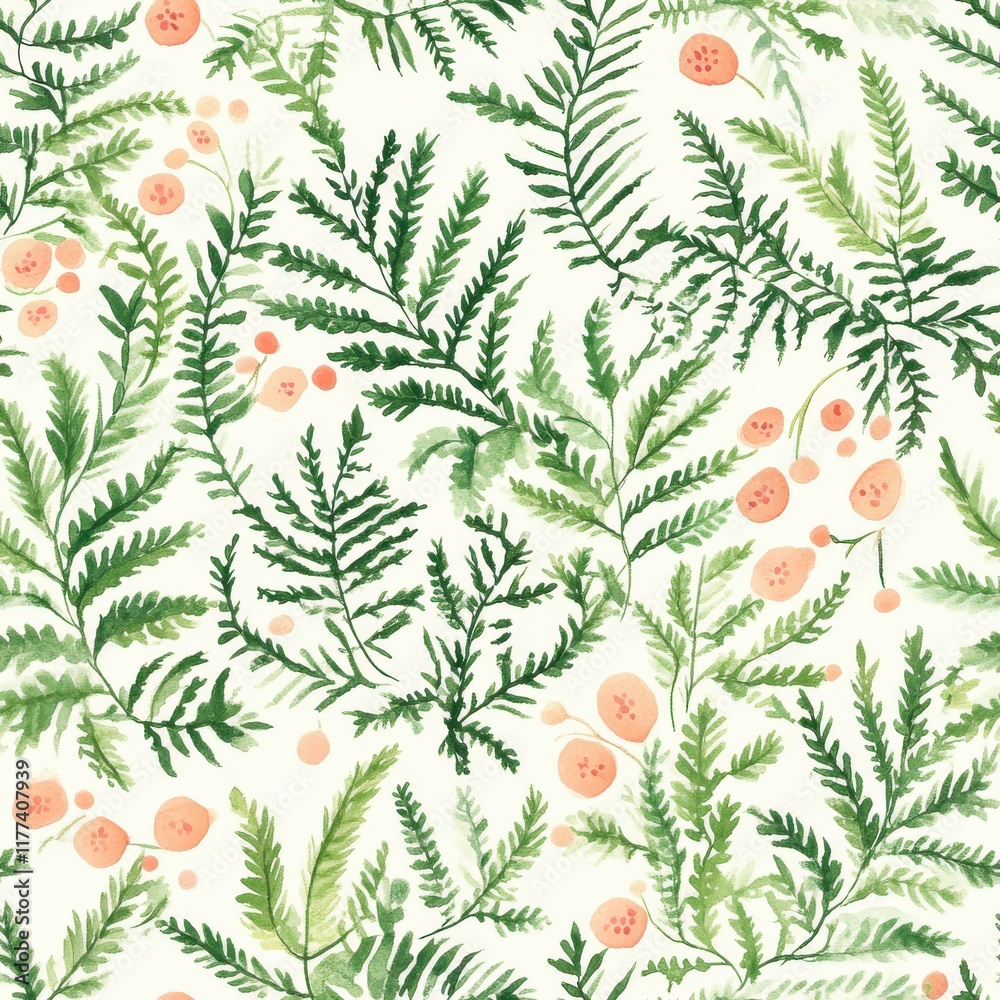 Poster Calming watercolor doodle of ferns and berries creating a serene pattern for relaxation and inspiration