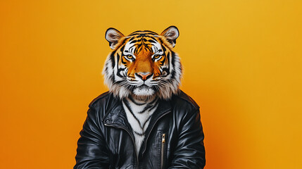 A fierce tiger wearing a leather jacket, sitting confidently against a vibrant orange backdrop, allowing plenty of room for text below
