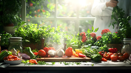 chef prepares fresh vegetables in vibrant kitchen filled with herbs