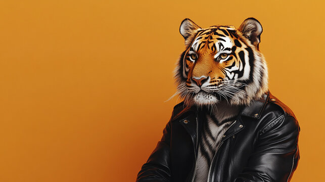 A fierce tiger wearing a leather jacket, sitting confidently against a vibrant orange backdrop, allowing plenty of room for text below