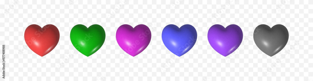Poster 3D hearts set of different colors. Volume 3d icons of heart. Elements for design for banners, cards or web design and apps. Vector.