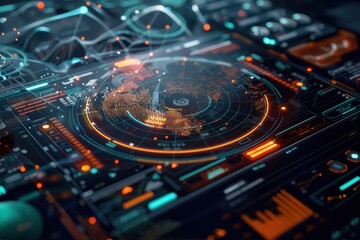 Futuristic Interface with a Global Map Displayed on a Radar Screen