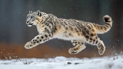 Obraz premium A magnificent snow leopard effortlessly moving across the rugged snow capped peaks showcasing its wild grace and power in the harsh wintry landscape