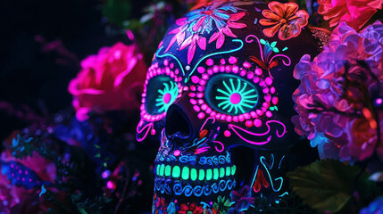 Vibrant Sugar Skull Adorned with Intricate Neon Floral Designs and Patterns