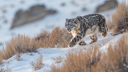 Obraz premium Majestic Snow Leopard Prowling Across Rugged Snowy Peaks in Remote Mountain Habitat Endangered Feline Predator Stalking Elegantly Through Icy Craggy Landscape of Frozen Highland Ecosystem