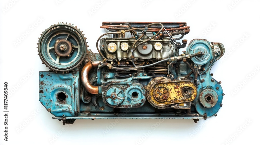 Poster a vintage engine showcasing mechanical components and design.