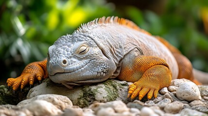 Fototapeta premium Serene Iguana: A Peaceful Reptile Resting on Rocks
