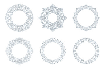 Set of decorative frames Elegant vector element for design in Eastern style, place for text. Floral gray and white borders. Lace illustration for invitations and greeting cards