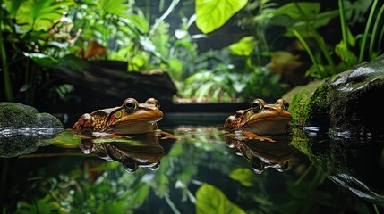 Naklejka premium Joyful Chorus of Croaking Frogs Echoing Through a Lush Verdant Rainforest Pond Tranquil Peaceful Landscape with Vibrant Aquatic Life and Reflecting Water Surface