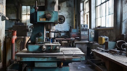 A vintage milling machine in an industrial workshop, surrounded by tools and machinery.
