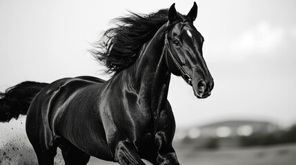 Majestic Black Horse in Motion: A Stunning Black and White Portrait of an Equine Running Free