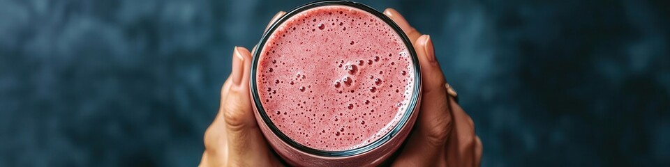 Close-up of a berry smoothie in hands. Selective focus
