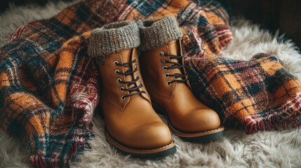 Cozy autumn outfit composed of a plaid shirt brown boots and a woolen scarf resting on a soft textured fabric background