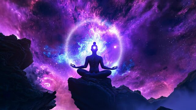 Meditating Person with Glowing Purple Sky