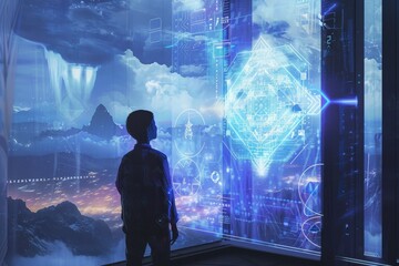 Boy Observing Futuristic Digital Interface with Mountainous Landscape
