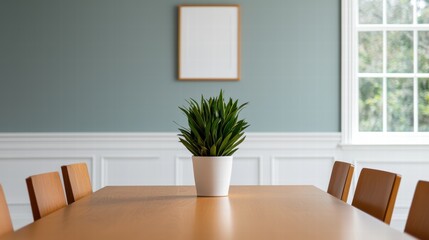 Modern conference room with wooden table and chairs, featuring a green plant