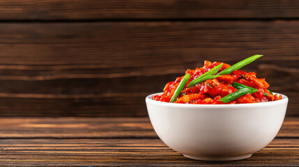 Delicious bowl of spicy vegetable sauce with fresh herbs