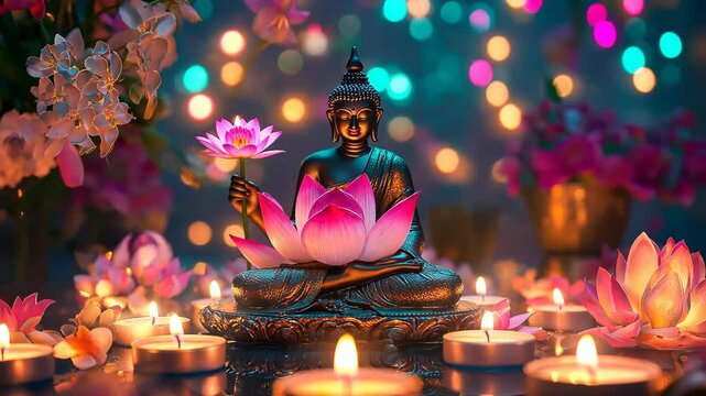 Buddha on Lotus Surrounded by Flowers and Candles