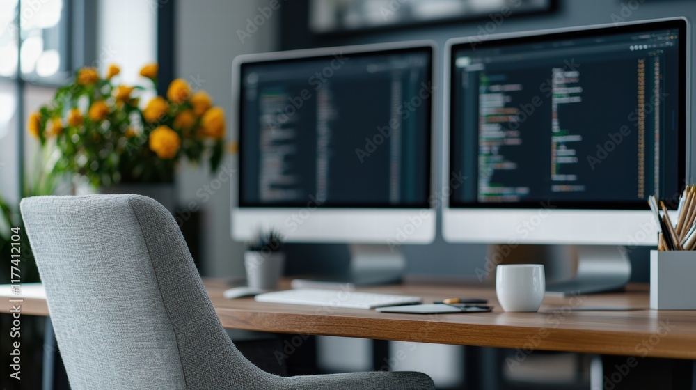 Poster Modern office workspace featuring dual monitors displaying code, indicating software development activity
