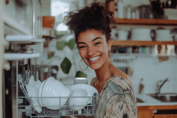Young woman enjoying dishwashing in a sunlit kitchen during late afternoon with smiling expression