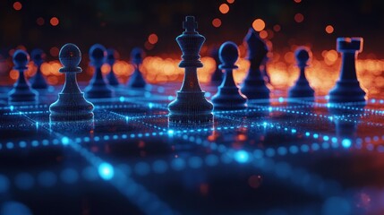 Fototapeta premium Digital chessboard with glowing network, featuring a prominent white king, surrounded by other chess pieces.