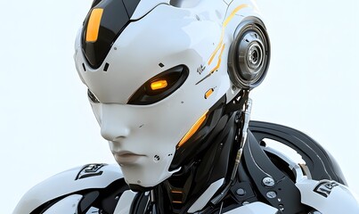 Close-up of a futuristic humanoid robot's head.