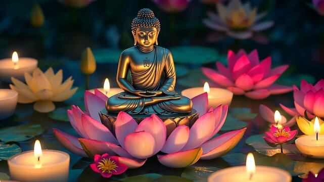 Buddha Sitting on Lotus with Candles