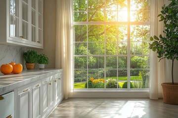 Fototapeta premium cozy modern kitchen interior with white cabinets, marble countertops, and large window overlooking garden, natural light streaming through sheer curtains