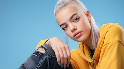 A person in 20s with androgynous features, shaved sides and long platinum blonde hair